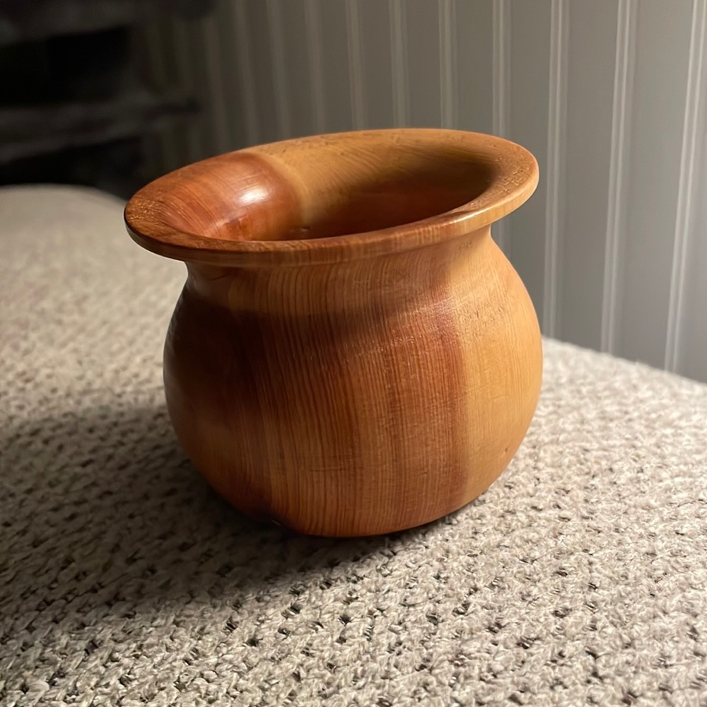 Hand-turned mini cedar cup, bowl or vessel. Marked “CEDAR” Page, AZ. 2.75h x 3w.